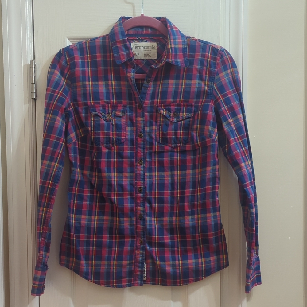 Aeropostale Women's Plaid Button Down Shirt - Pink and Blue